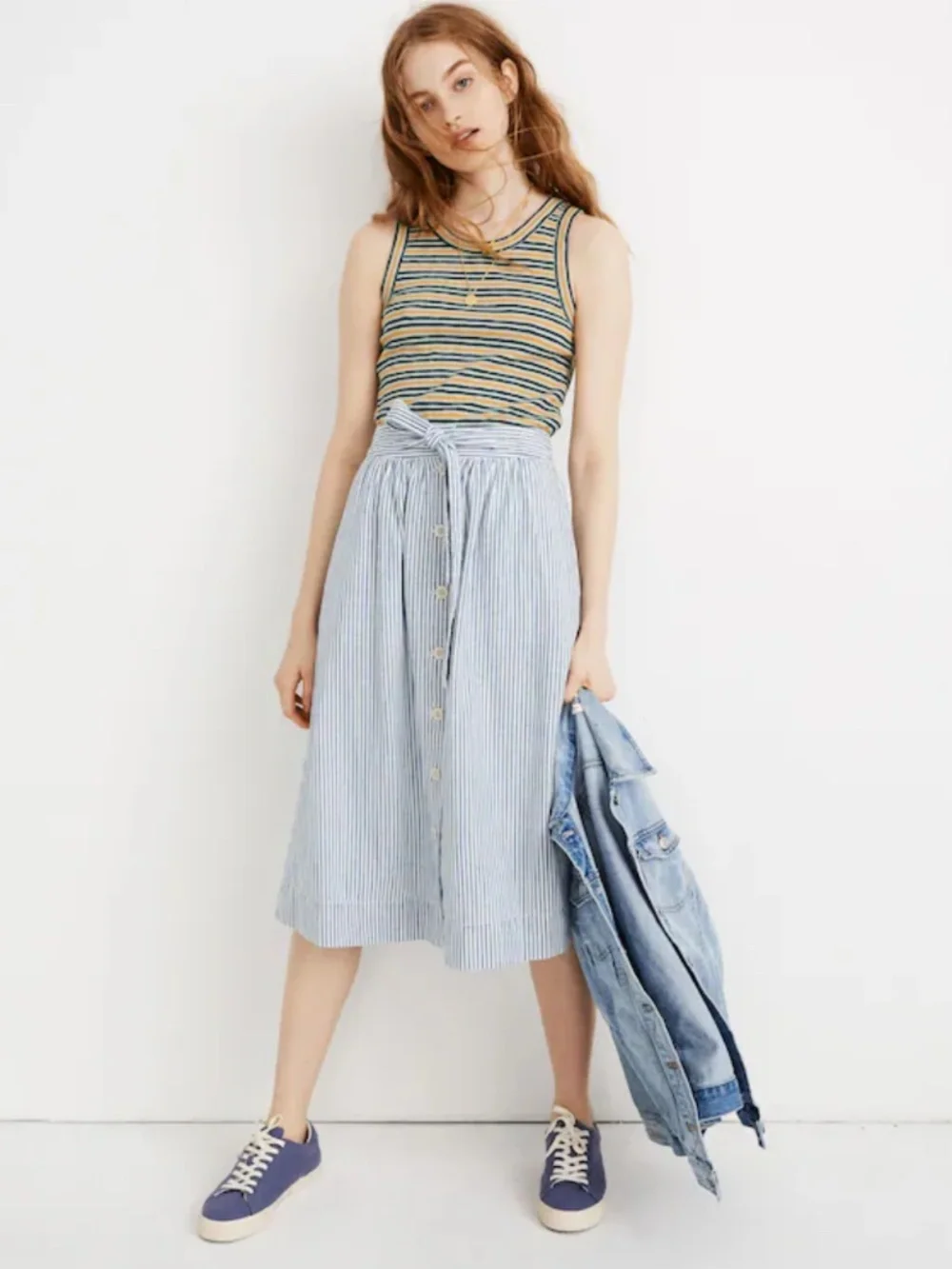 Madewell Palisade blue white striped tie button-front midi skirt, size 2